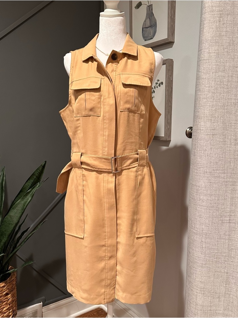Sleeveless Belted Utility Dress in Tan